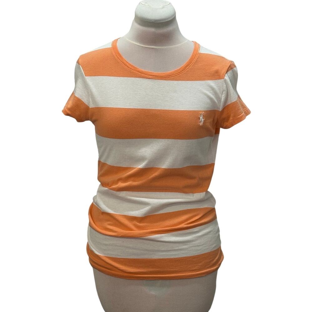 RALPH LAUREN Sport Peach & White Cabana Stripe Baby Tee MEDIUM Cotton Y2K Preppy